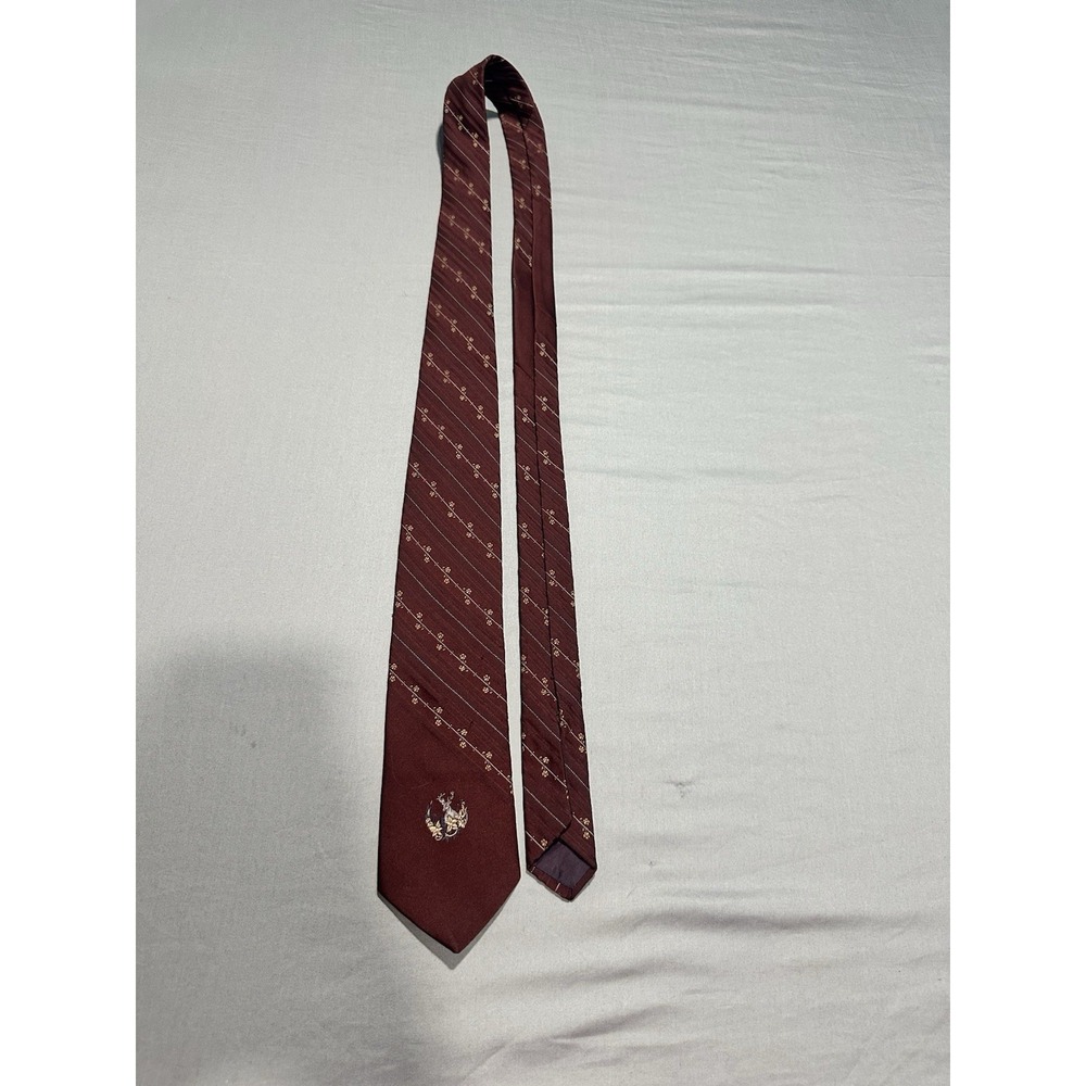 VTG 70s Ambassador Maroon Floral Neck Tie Deer‎ Embroidered Pattern